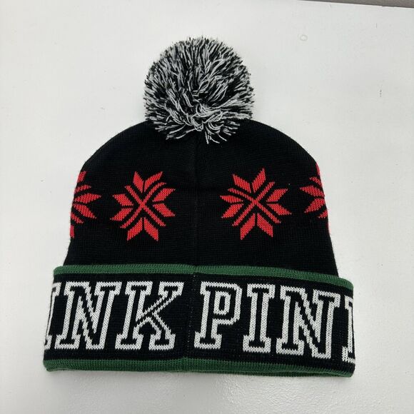 Victorias Secret PINK Beanie Hat Winter Cap Black Red Snowflakes Knit - Picture 8 of 10